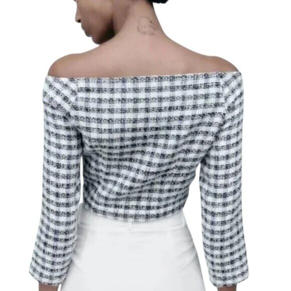 ZARA Textured Tweed Off-Shoulder Cropped Top - Size XS - Picture 2 of 9